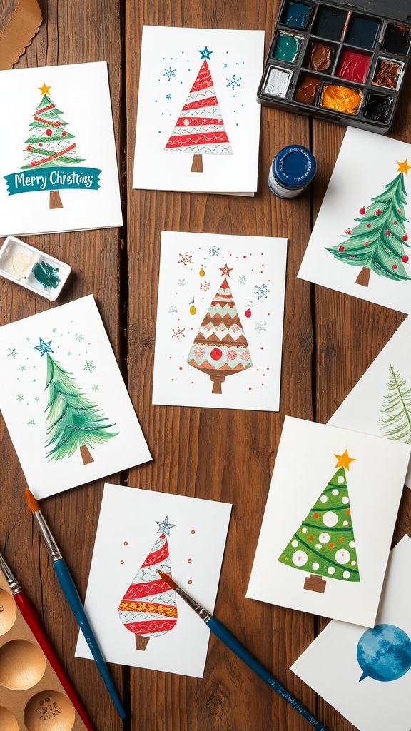 Easy Handmade Watercolor Christmas Cards Handmade watercolor Christmas cards with festive designs on a wooden table.